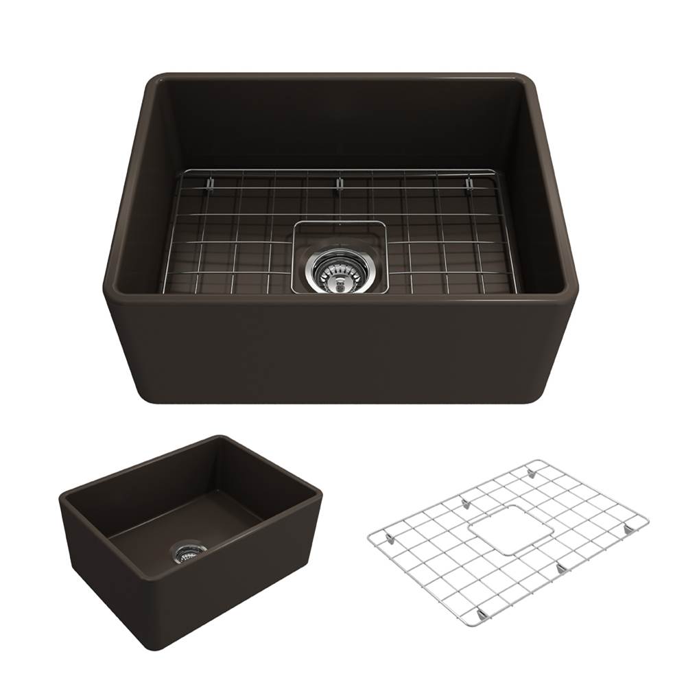 BOCCHI Classico Farmhouse Apron Front Fireclay 24 in. Single Bowl Kitchen Sink with Protective Bottom Grid and Strainer in Matte Brown