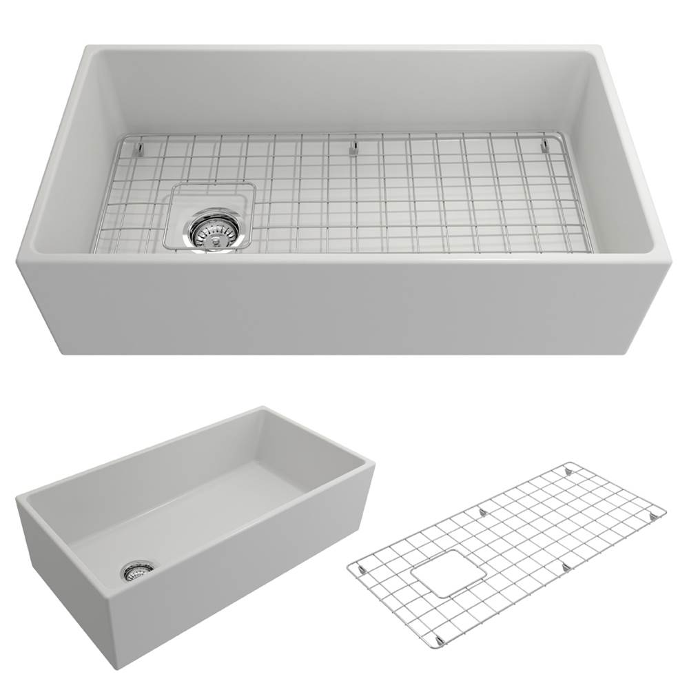 BOCCHI Contempo Apron Front Fireclay 36 in. Single Bowl Kitchen Sink with Protective Bottom Grid and Strainer in Matte White