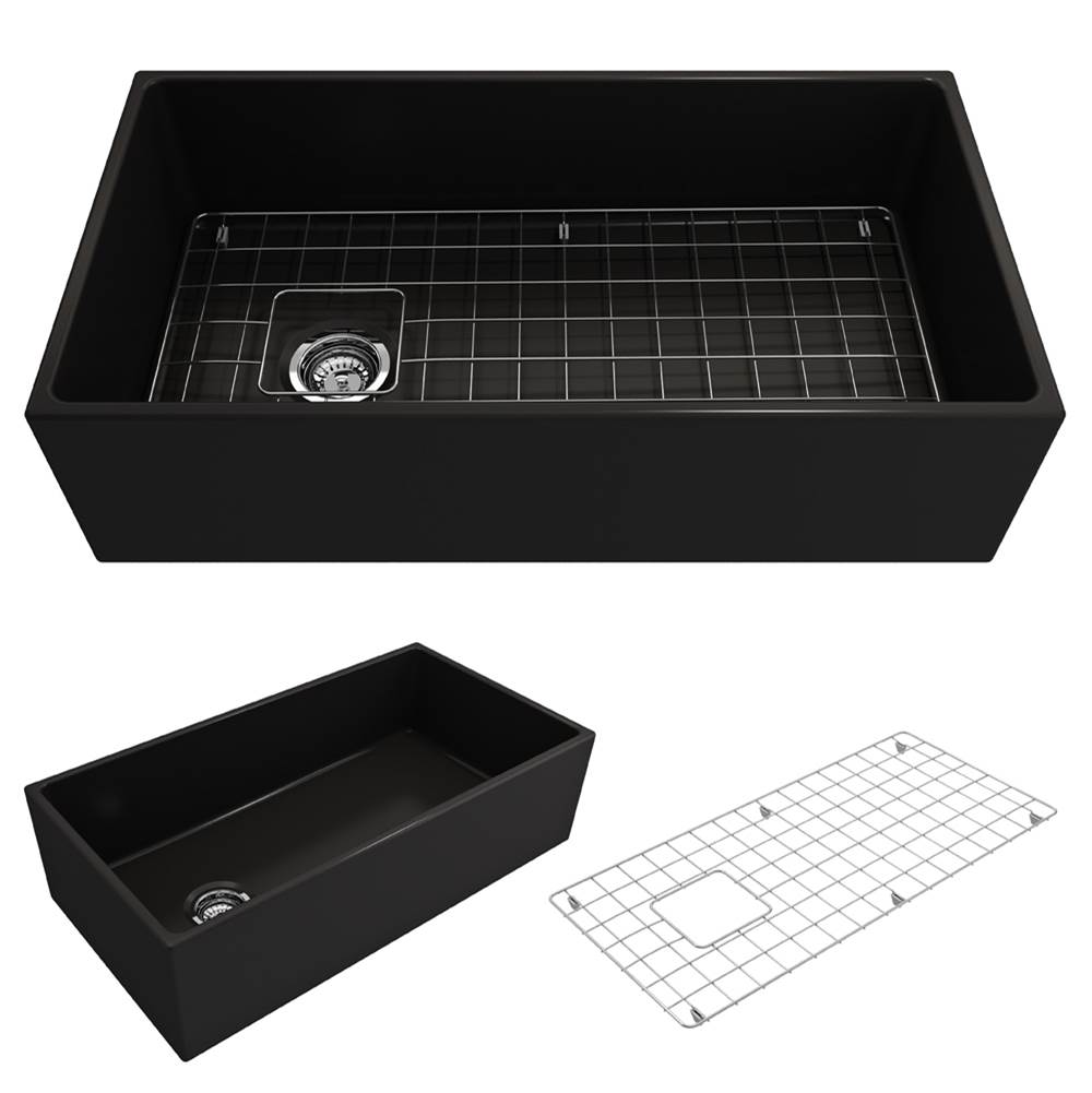 BOCCHI Contempo Apron Front Fireclay 36 in. Single Bowl Kitchen Sink with Protective Bottom Grid and Strainer in Matte Black