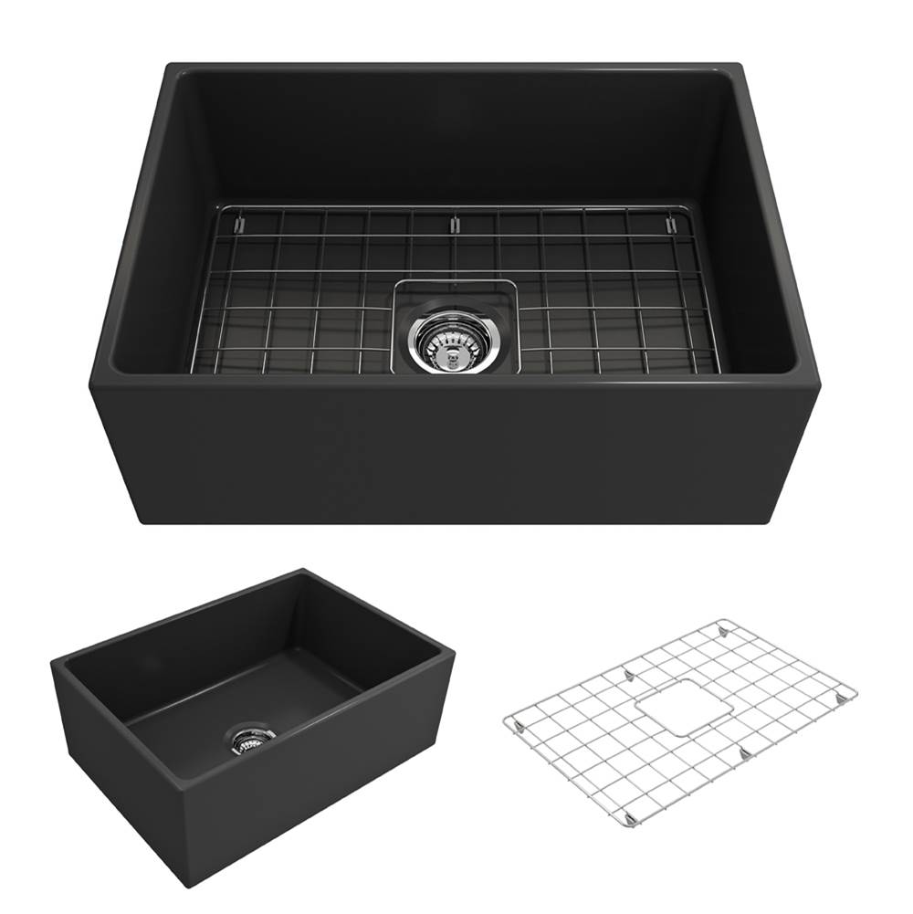 BOCCHI Contempo Apron Front Fireclay 27 in. Single Bowl Kitchen Sink with Protective Bottom Grid and Strainer in Matte Dark Gray