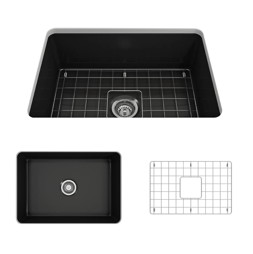 BOCCHI Sotto Dual-mount Fireclay 27 in. Single Bowl Kitchen Sink with Protective Bottom Grid and Strainer in Matte Black