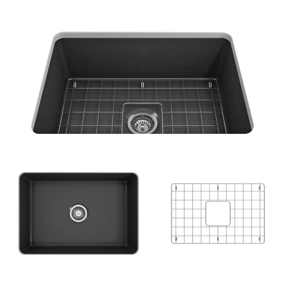 BOCCHI Sotto Dual-mount Fireclay 27 in. Single Bowl Kitchen Sink with Protective Bottom Grid and Strainer in Matte Dark Gray