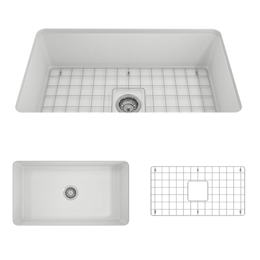 BOCCHI Sotto Dual-mount Fireclay 32 in. Single Bowl Kitchen Sink with Protective Bottom Grid and Strainer in Matte White
