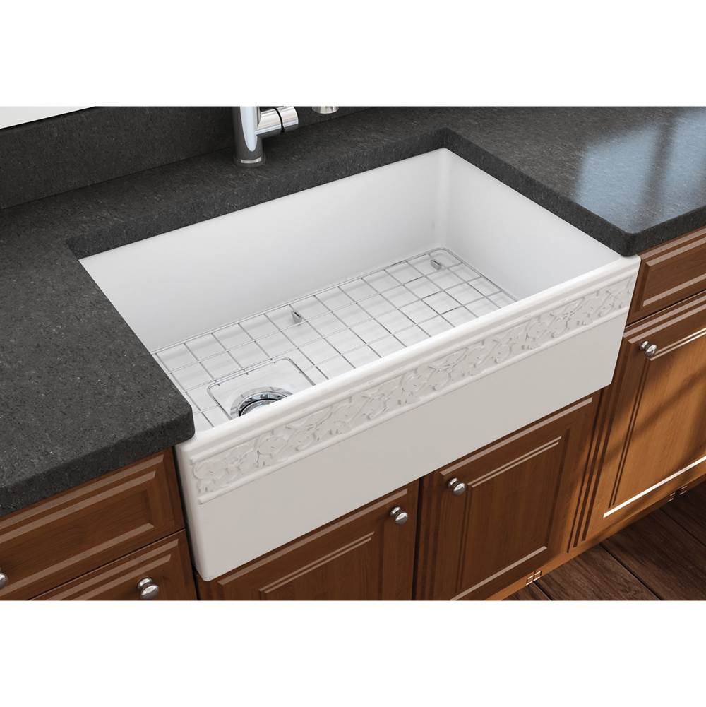 BOCCHI Vigneto Apron Front Fireclay 30 in. Single Bowl Kitchen Sink with Protective Bottom Grid and Strainer in Matte White