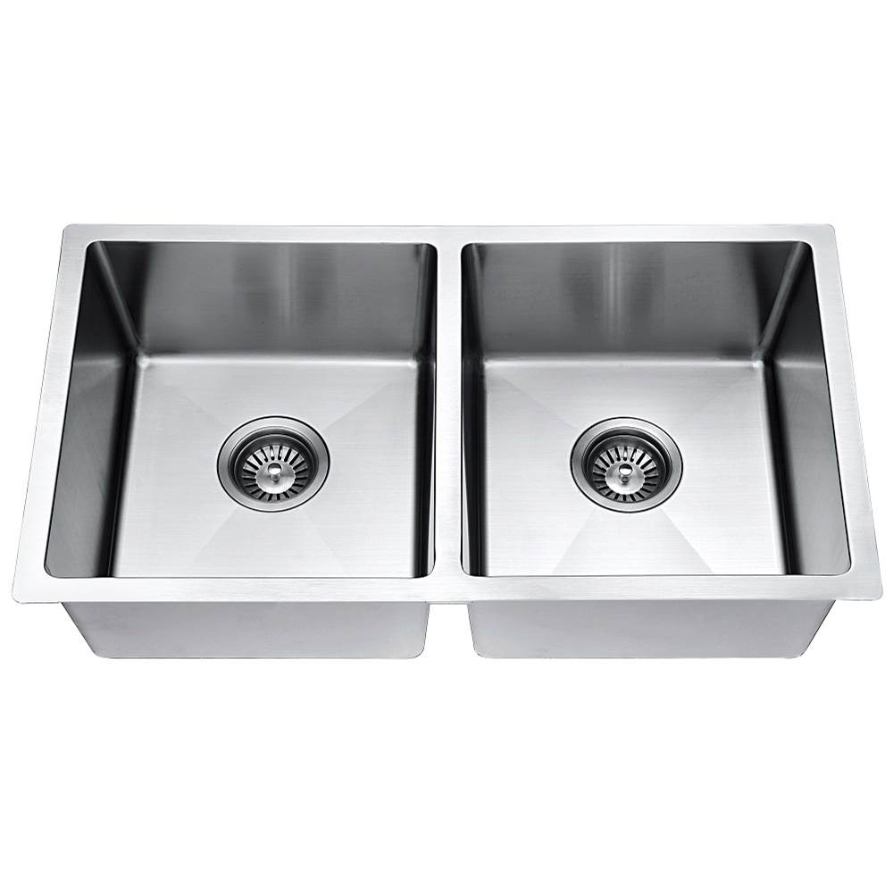 Dawn Handmade stainless steel undermount double bowl sink with straight sink edges and near zero radius corners; 18G; Overall Size: 30''L x 18''W x 6-7/8''