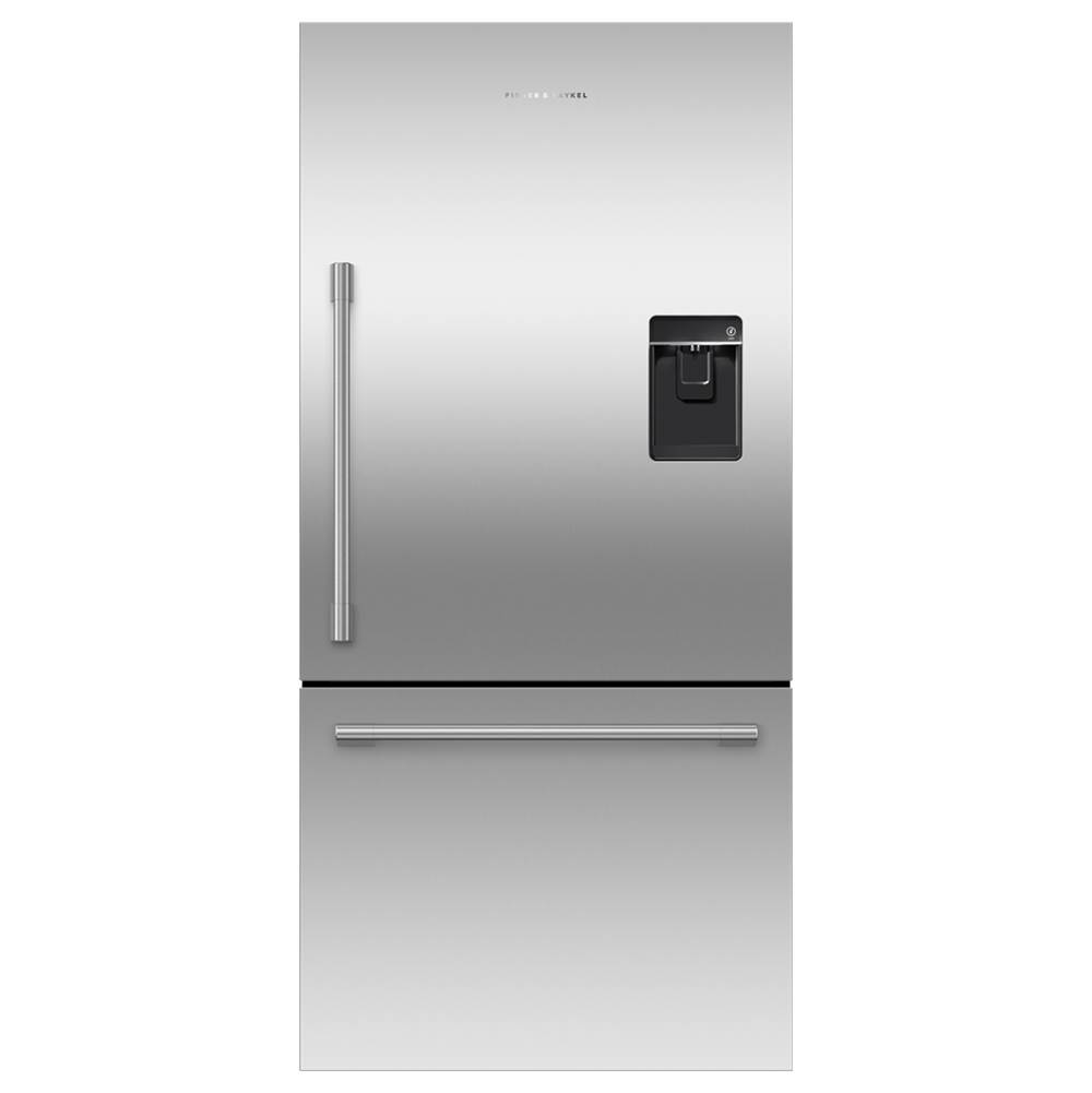 Fisher & Paykel 32'' Bottom Mount Refrigerator Freezer, Stainless Steel, 17.1 cu ft, Ice & External Water, Counter Depth, Right Hinge, Professional Round Flush Handle