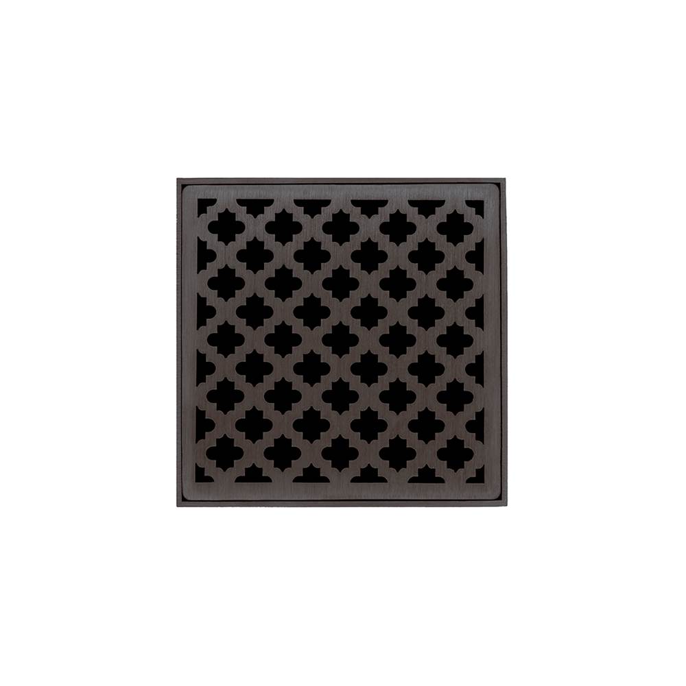 Infinity Drain 4'' x 4'' MDB 4 Complete Kit with Moor Pattern Decorative Plate in Oil Rubbed Bronze with ABS Bonded Flange Drain Body, 2'', 3'' and 4'' Outlet