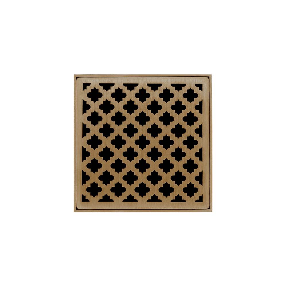 Infinity Drain 4'' x 4'' MDB 4 Complete Kit with Moor Pattern Decorative Plate in Satin Bronze with Stainless Steel Bonded Flange Drain Body, 2'' No Hub Outlet