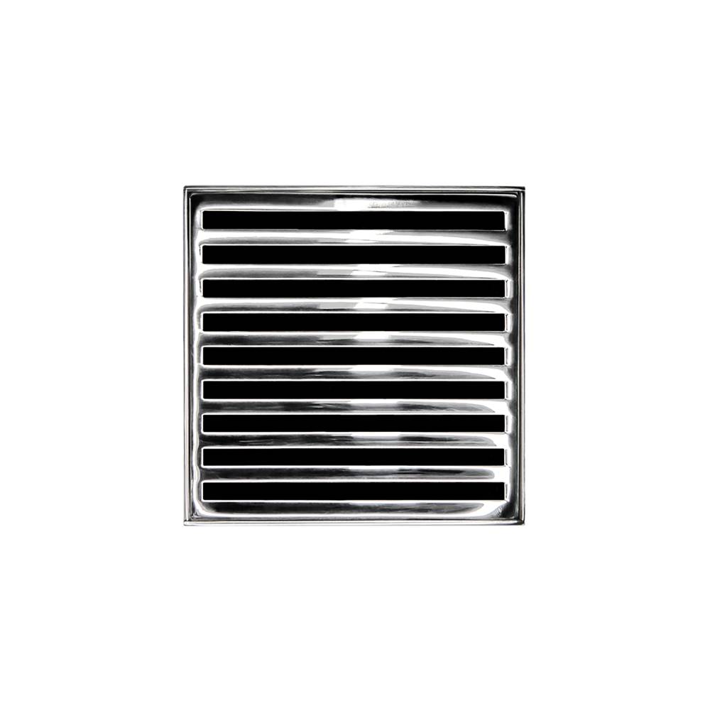 Infinity Drain 4'' x 4'' NDB 4 Complete Kit with Lines Pattern Decorative Plate in Polished Stainless with PVC Bonded Flange Drain Body, 2'', 3'' and 4'' Outlet