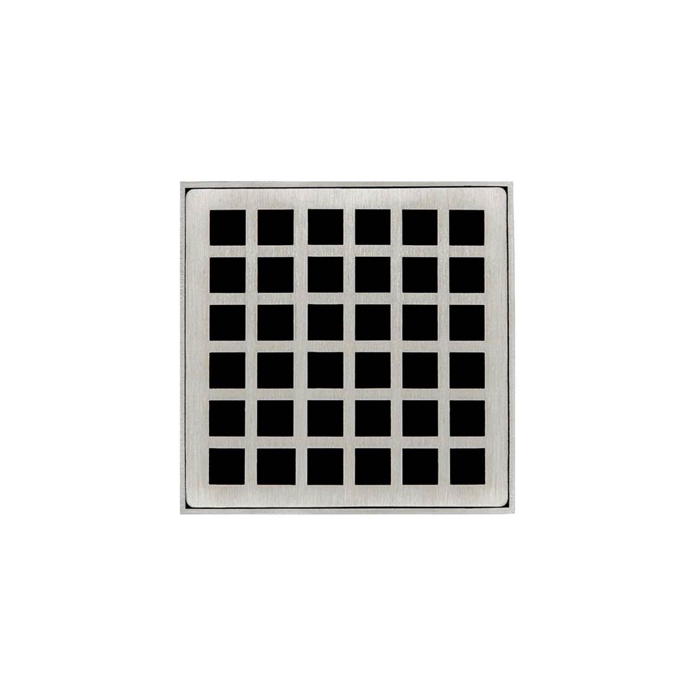 Infinity Drain 4'' x 4'' QDB 4 Complete Kit with Squares Pattern Decorative Plate in Satin Stainless with ABS Bonded Flange Drain Body, 2'', 3'' and 4'' Outlet