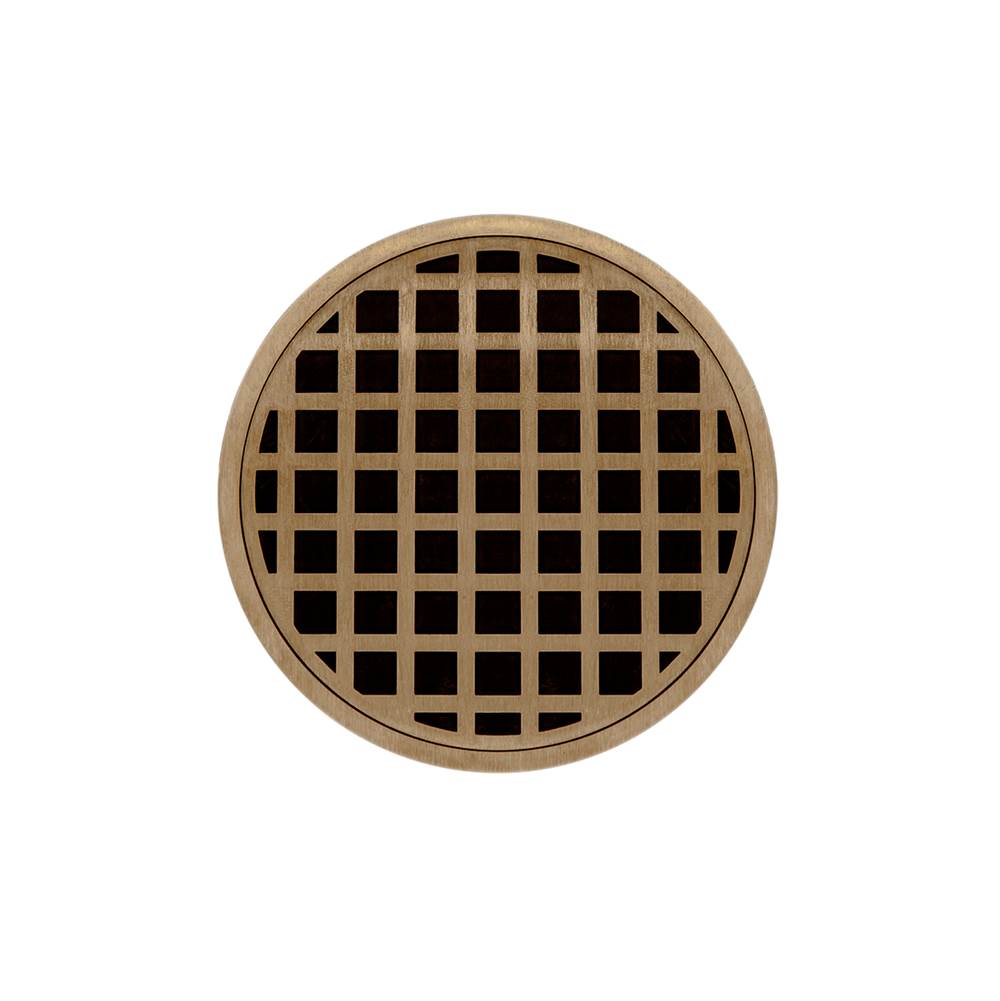Infinity Drain 5'' Round RQDB 5 Complete Kit with Squares Pattern Decorative Plate in Satin Bronze with PVC Bonded Flange Drain Body, 2'', 3'' and 4'' Outlet