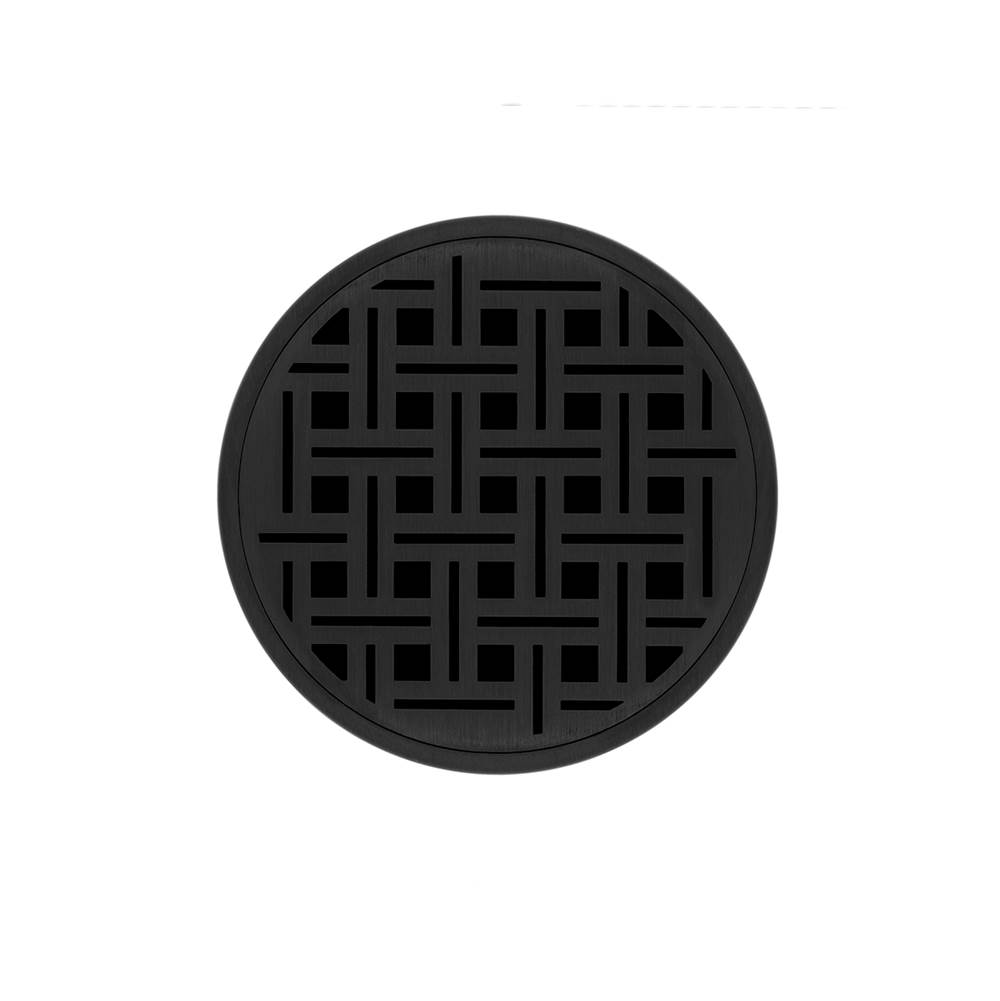 Infinity Drain 5'' Round RVDB 5 Complete Kit with Weave Pattern Decorative Plate in Matte Black with PVC Bonded Flange Drain Body, 2'', 3'' and 4'' Outlet