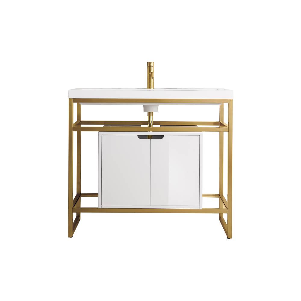 James Martin Vanities Boston 39.5'' Stainless Steel Sink Console, Radiant Gold w/ Glossy White Storage Cabinet, White Glossy Composite Countertop
