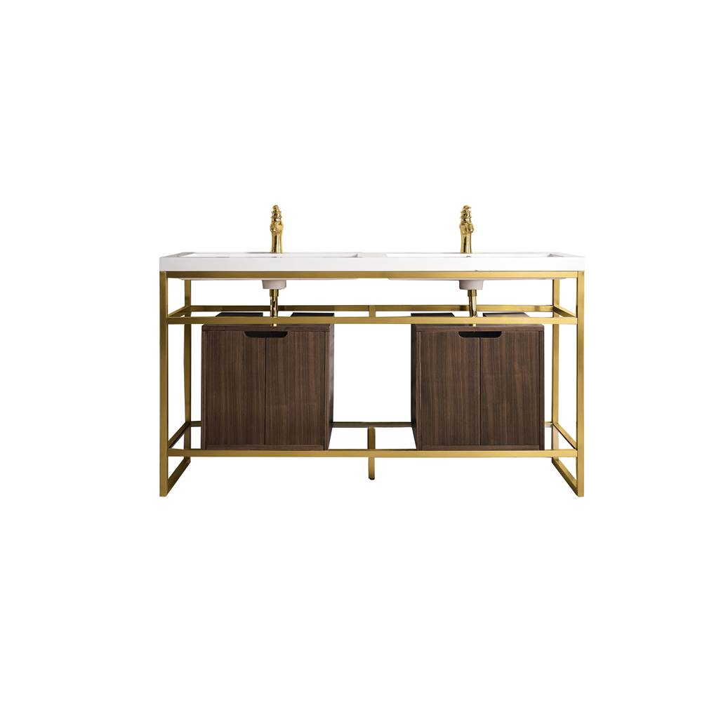 James Martin Vanities Boston 63'' Stainless Steel Sink Console (Double Basins), Radiant Gold w/ Mid Century Walnut Storage Cabinet, White Glossy Composite Countertop