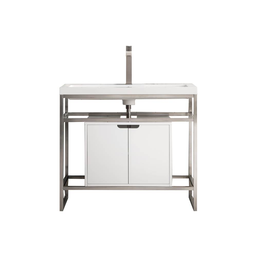 James Martin Vanities Boston 39.5'' Stainless Steel Sink Console, Brushed Nickel w/ Glossy White Storage Cabinet, White Glossy Composite Countertop