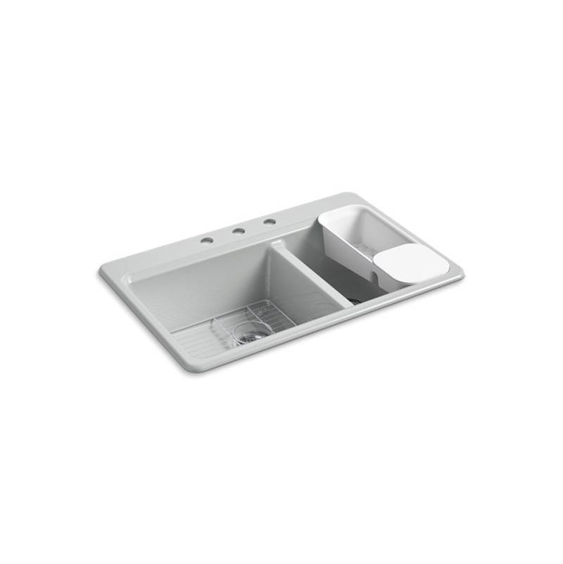 Kohler Riverby® 33'' x 22'' x 9-5/8'' top-mount large/medium double-bowl workstation kitchen sink with accessories and 3 faucet holes