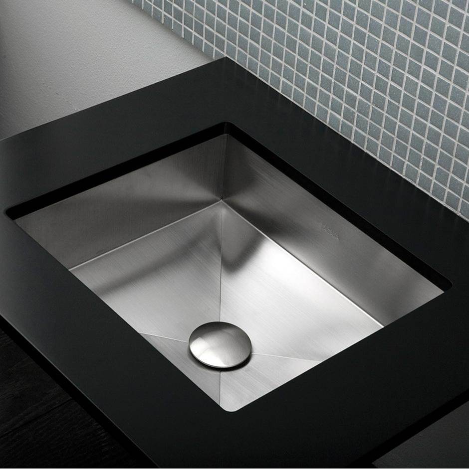 Lacava Under-counter or self-rimming Bathroom Sink without an overflow. 16 gauge stainless steel. W: 17''
D: 14 5/8'' H: 4 3/4''