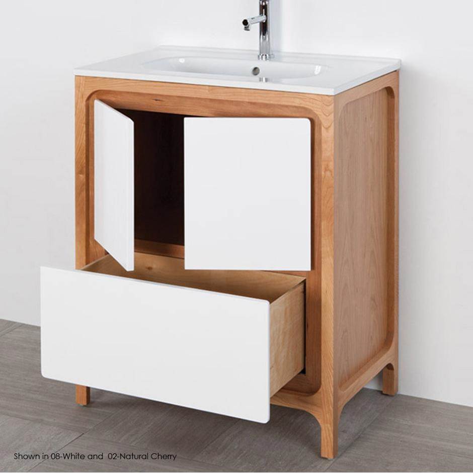 Lacava Free standing under counter vanity with routed finger pulls on two doors and one drawer.