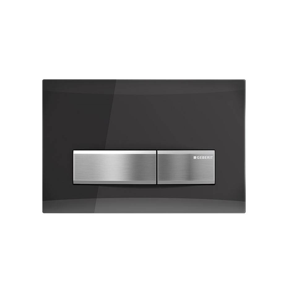 Lacava Sigma50 dual-flush actuator with smoke satin glass and brushed stainless steel buttons.