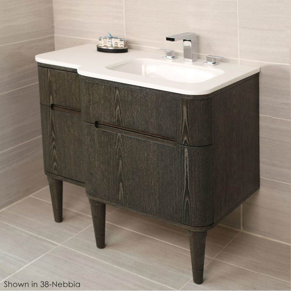 Lacava Wall-mount under counter vanity with three routed finger pull drawers .