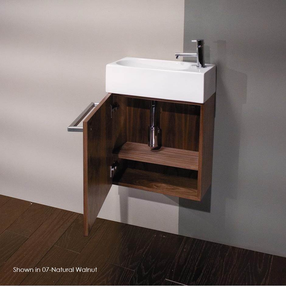 Lacava Wall-mount under-counter vanity with one adjustable shelf behind a door, brushed stainless steel pull can be used as a towe bar.